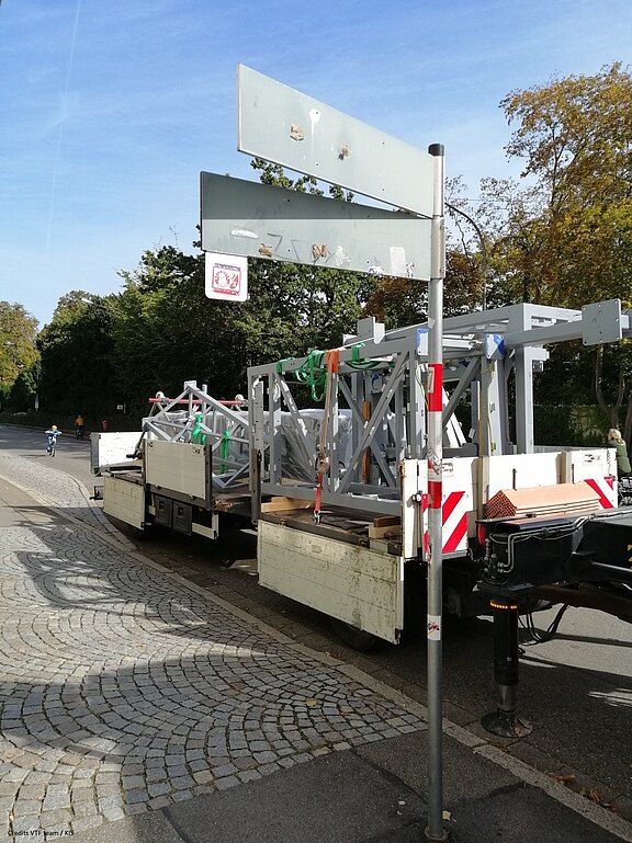 The metal parts of the VTF frame on a truck trailer.