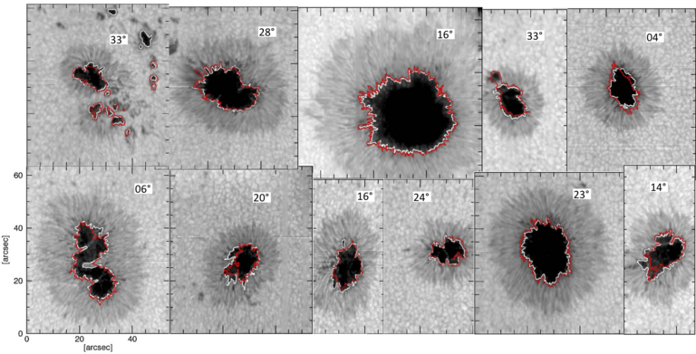 The image show a collection of eleven sunspots. Each with a white and red line surrounding the dark umbra. The white and red lines are very close to each other or identical.
