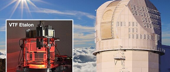 Ein Bild des Daniel K. Inouye Solar Telescope zusammen mit dem VTF Etalon.
