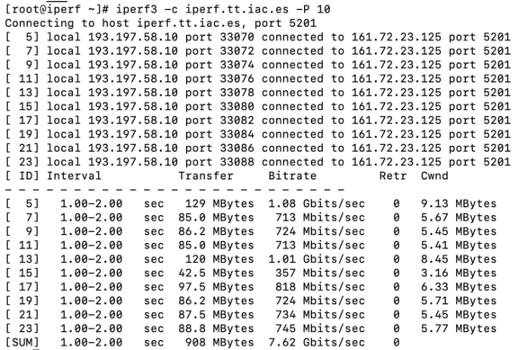 Bildschirmfoto einer live-Messung des Durchsatzes der 10 Gbit Leitung