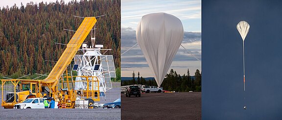 Sunrise-Teleskop am Haken des Kranfahrzeugs kurz vor dem Start (links), der Missionsballon bereit zum Abwurf (Mitte) und im Flug kurz nach dem Start (rechts). Bild: KIS, A. Bell.