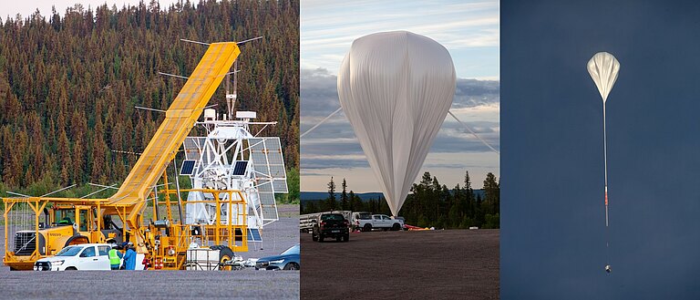 The SUNRISE telescope on the hook of the crane vehicle just before the launch (left), the mission balloon ready to be released (center) and in flight just after the launch (right). Image: KIS, A. Bell. 