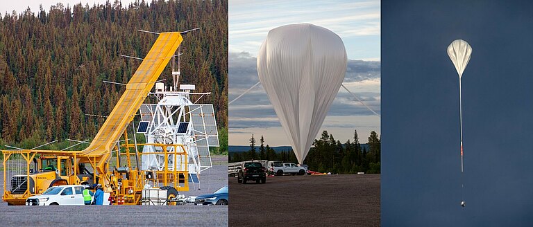 Sunrise-Teleskop am Haken des Kranfahrzeugs kurz vor dem Start (links), der Missionsballon bereit zum Abwurf (Mitte) und im Flug kurz nach dem Start (rechts). Bild: KIS, A. Bell. 