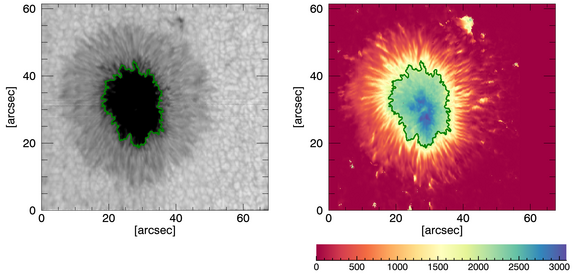 Continuum intensity image (left) and map of the magnetic field strength in Gauss (right) of a sunspot observed with the GREGOR solar telescope. Adapated from Lindner et al. (2020)